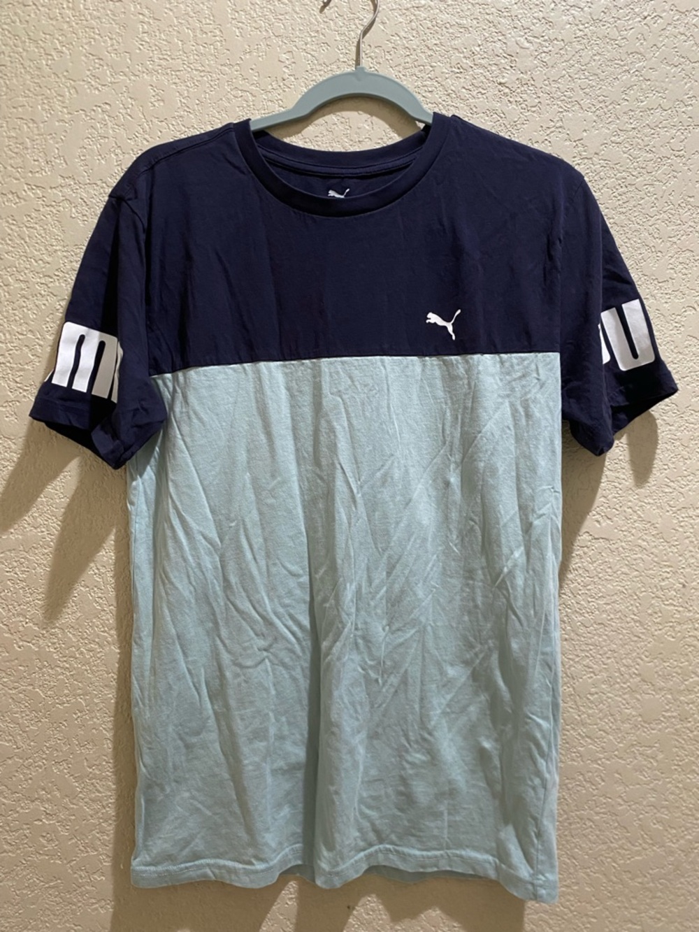 Puma Colorblock Crew Neck Tee in Navy and Light Blue